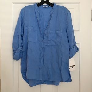 NWT 100% linen Zara blue button down